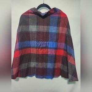 Vintage Kayo Plaid Red Blue Poncho Cape. Size 9/10. Made in the USA. 30% Wool.
